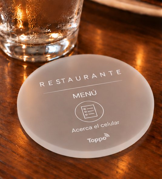 Toppo circular de acrílico mate con el mensaje Menú