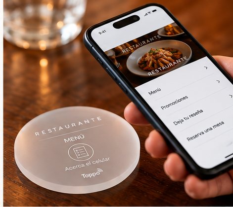 Una persona acerca el celular a un Toppo de acrílico y se abre el menú del restaurante